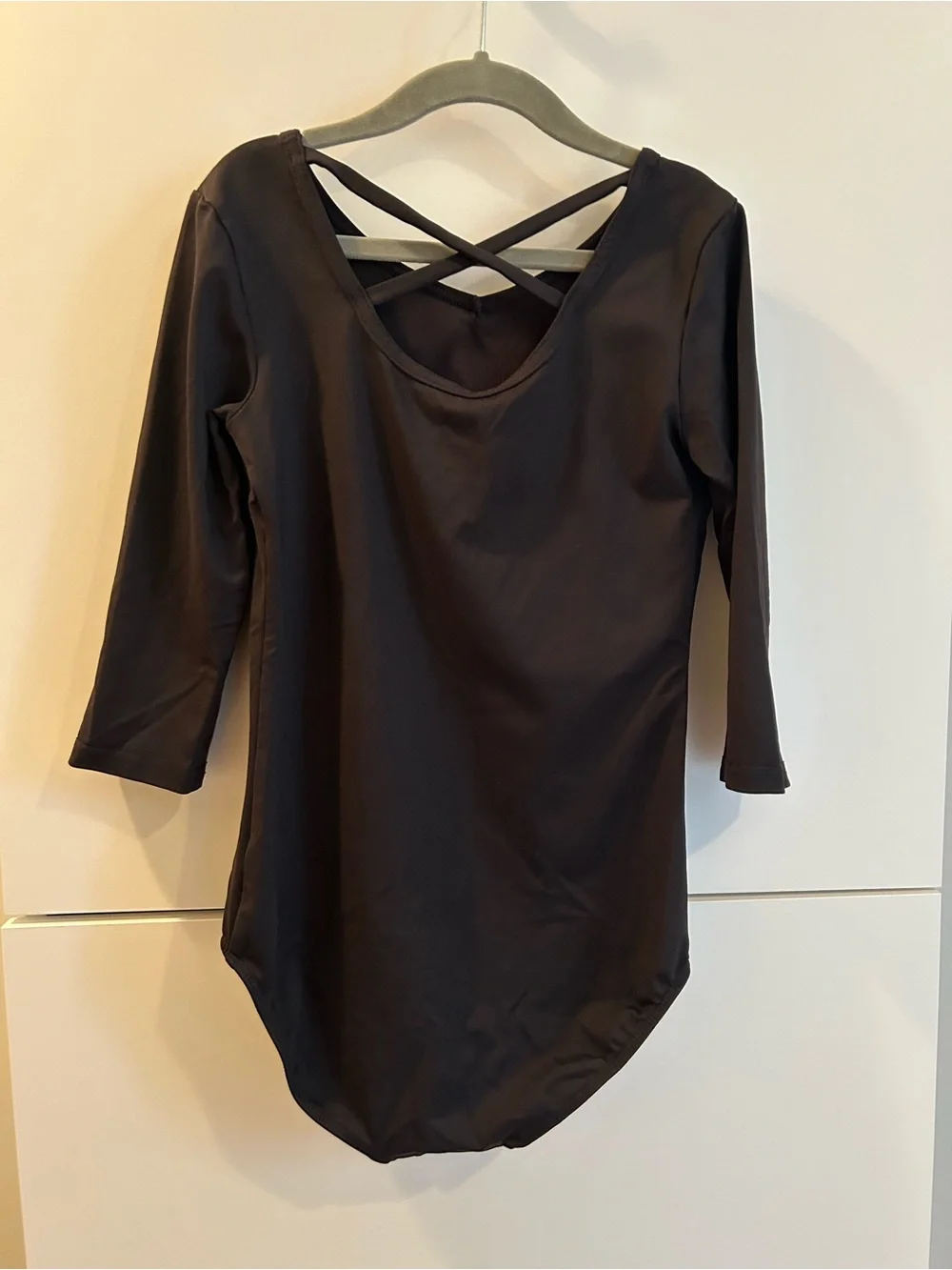 Danskin Now Black 3/4 Sleeve Dance Leotard with Crossing Back Straps - LG 10/12